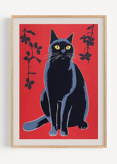 Japanese Black Cat Art Print – Red Background with Florals I135-96 Art Print Peardrop Prints