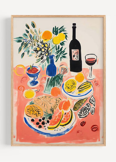 Mediterranean Table Art Print – Colourful Still Life with Wine & Fruit I135-37 Art Print Peardrop Prints