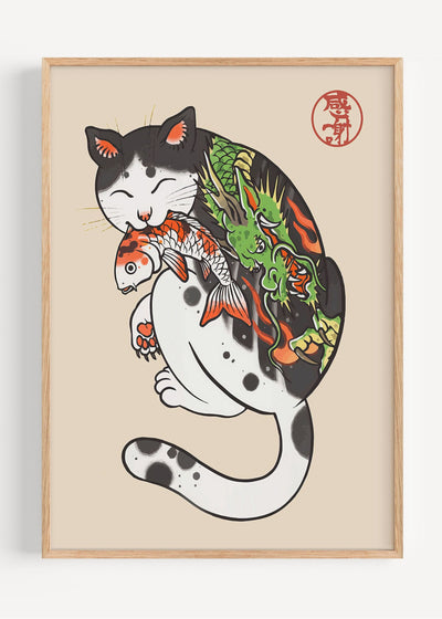 Tattoo Cat with Dragon & Koi – Japanese-Inspired Art Print I135-110 Art Print Peardrop Prints