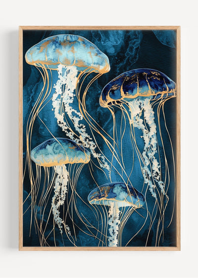 Teal Blue Jellyfish Wall Art Print I135-1 Art Print Peardrop Prints
