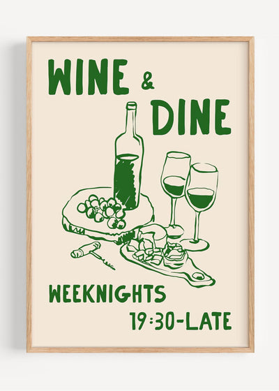 Wine & Dine Art Print – Retro Bistro Poster for Kitchen or Dining Room I135-45 Art Print Peardrop Prints